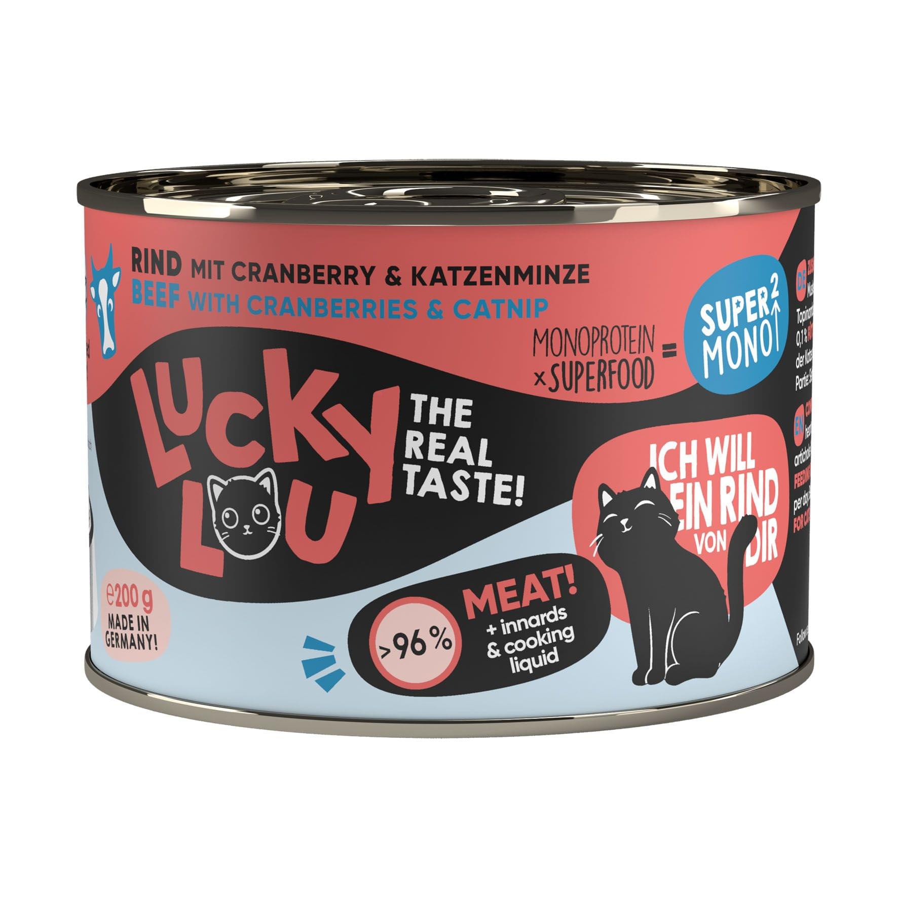 Lucki Lou Adult SuperMono² Rind mit Cranberry & Katzenminze 6x200g